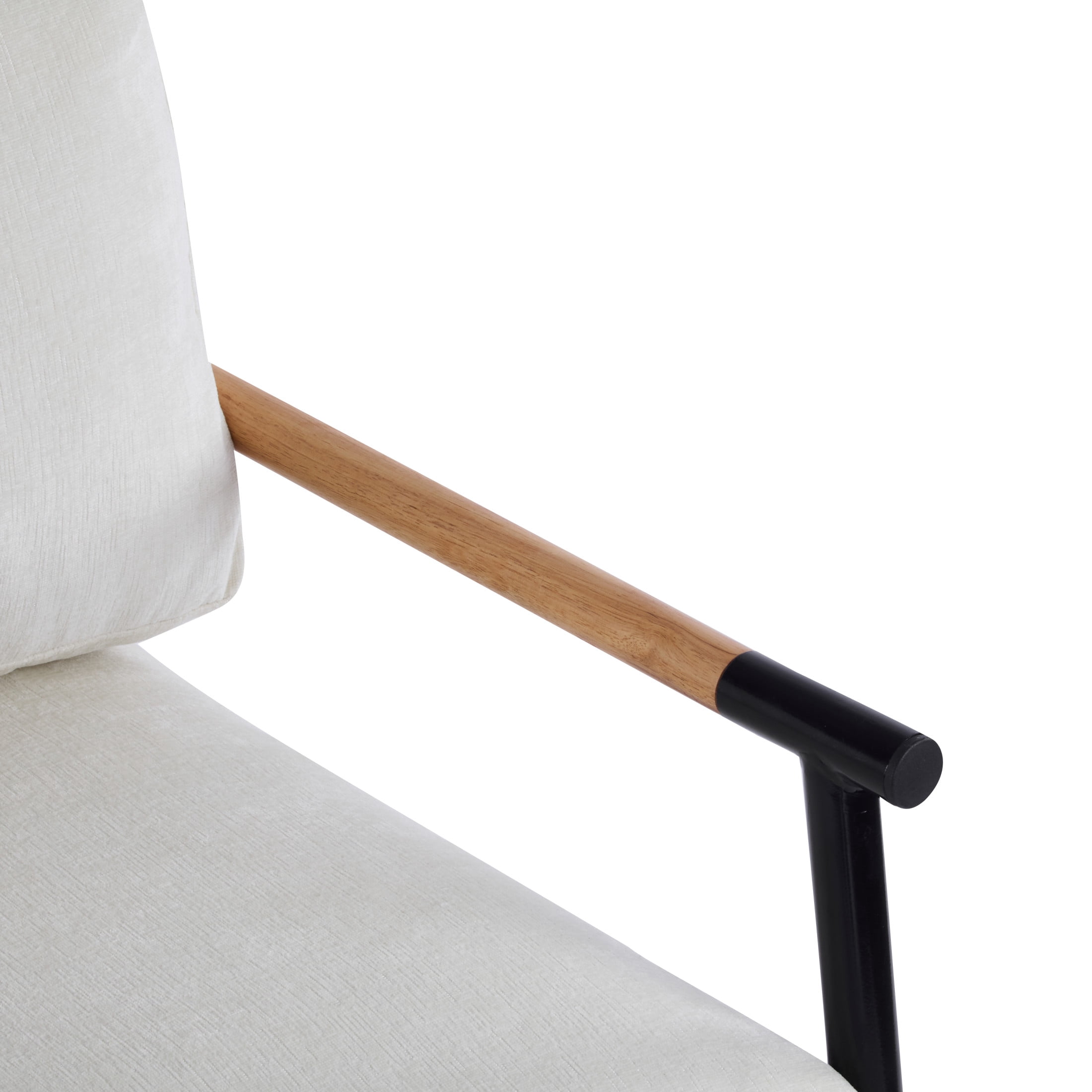 Modern Armchair with Metal Frame & Natural Wood Armrests, Plush Cushions, White+Black