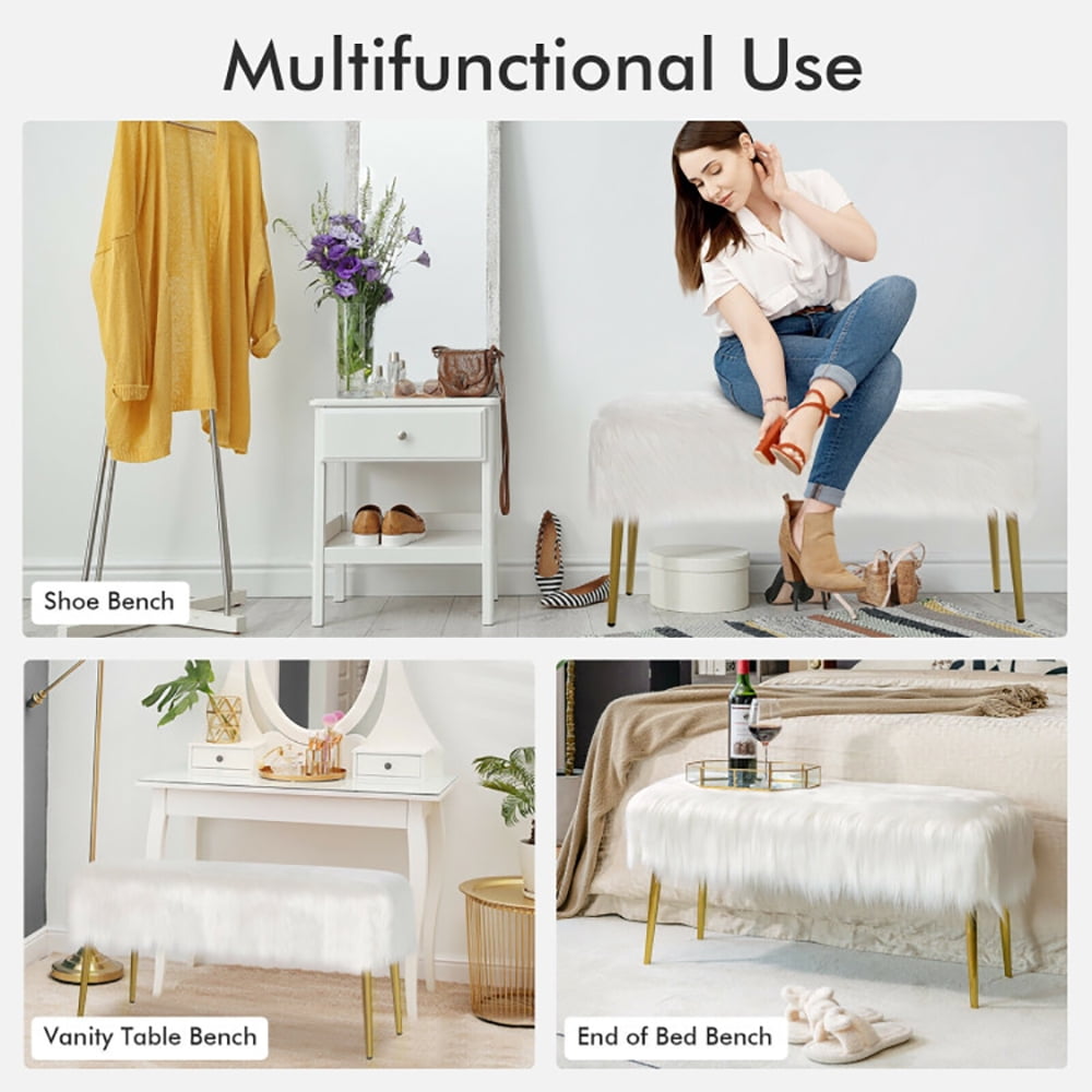 Finihen Upholstered Faux Fur Vanity Stool Chair, Footstool Ottoman, Vanity Stool with Golden Metal Legs, Decorative Furniture Footrest, for Makeup Room, Living Room, Bedroom, White