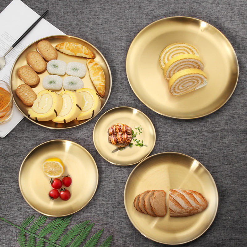 Gold Round Tray Plate Stainless Steel Kitchenware Desktop Snack Cake Display