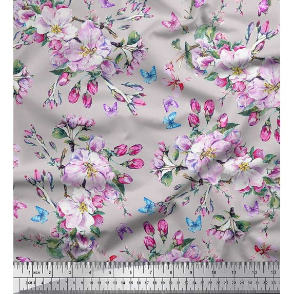 Soimoi Gray Cotton Cambric Fabric Insect,Leaves & Pink Floral Decor Fabric Printed BTY 56 Inch Wide