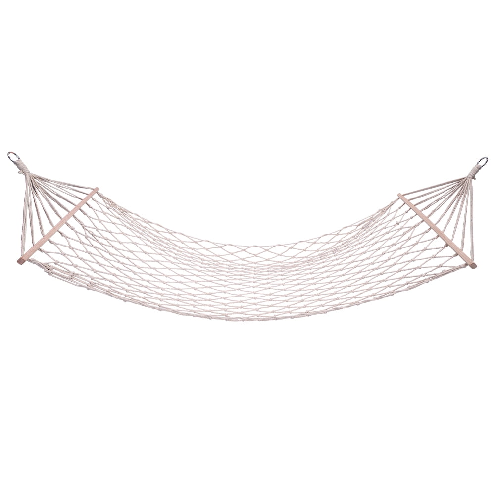 6.6x2.6ft Outdoor Wood Pole Cotton Rope Hammock Bed with Rope 150lbs White 