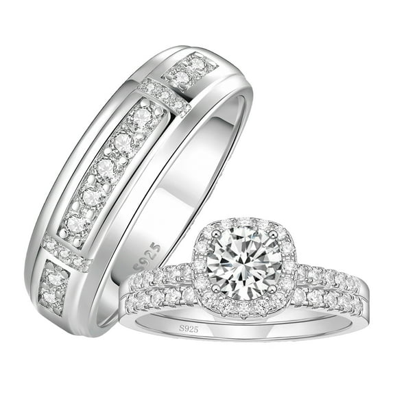 SFTING Wedding Ring Sets His and Her 3Pcs 925 Sterling Silver 5A CZ Engagaement Ring Set Wedding Couple Rings 9&7
