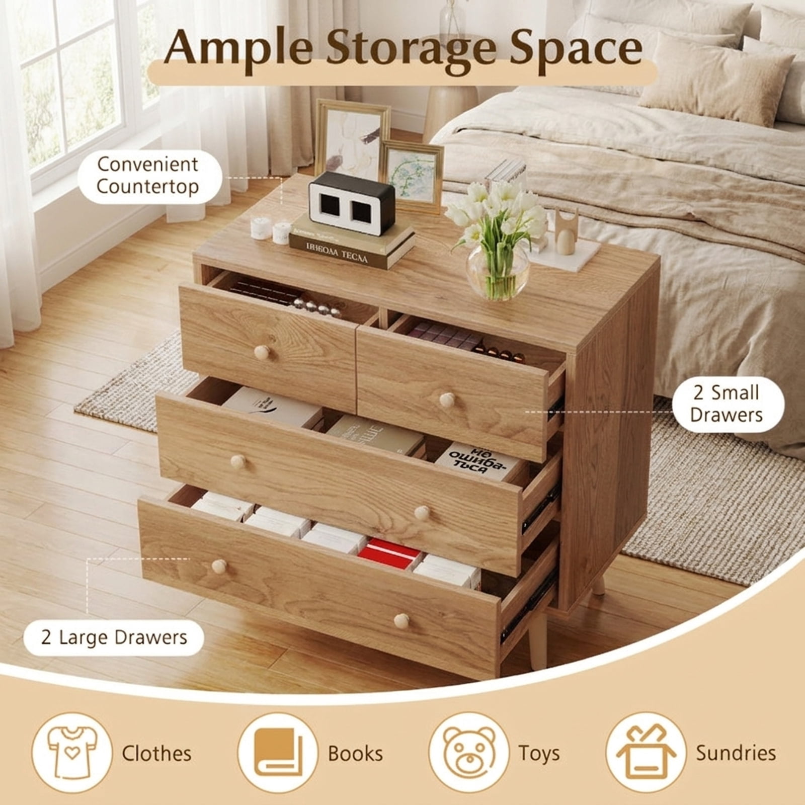 Furnibear Wide Wooden Dresser with 4 Drawers for Bedroom Living Room for Bedroom Closet Living Room Nursery Clothes Storage, Natural