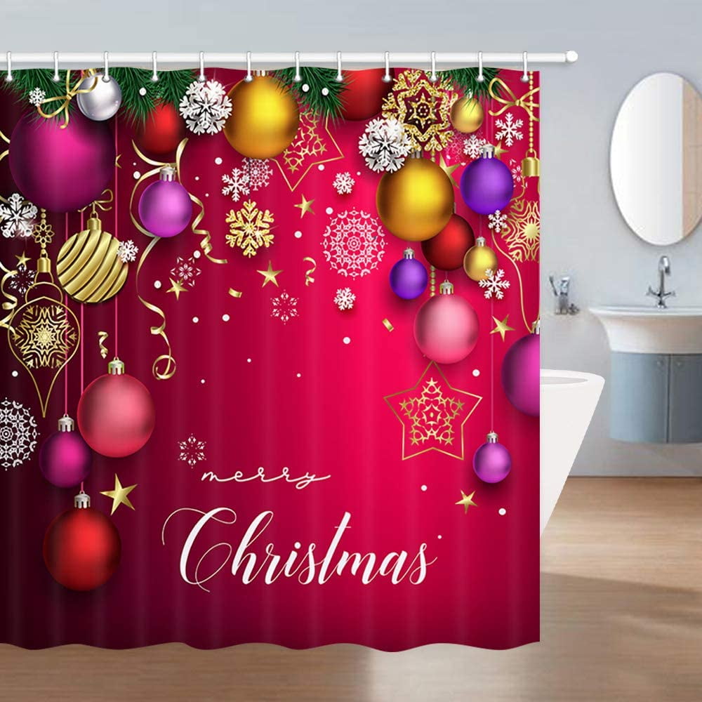 Happy New Year Shower Curtain Christmas Balls with Fir Branches in Snow