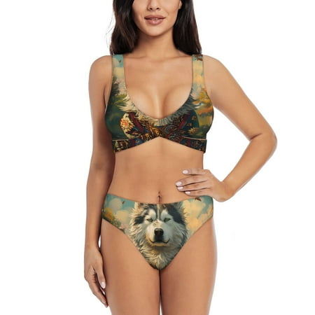 Zeuib Forest Maple Leaf Husky High Waisted Tummy Control Bikini Set - Knot Front Push Up Top & Cheeky Thong Bottom  Two-Piece Swimsuit for Women-Small