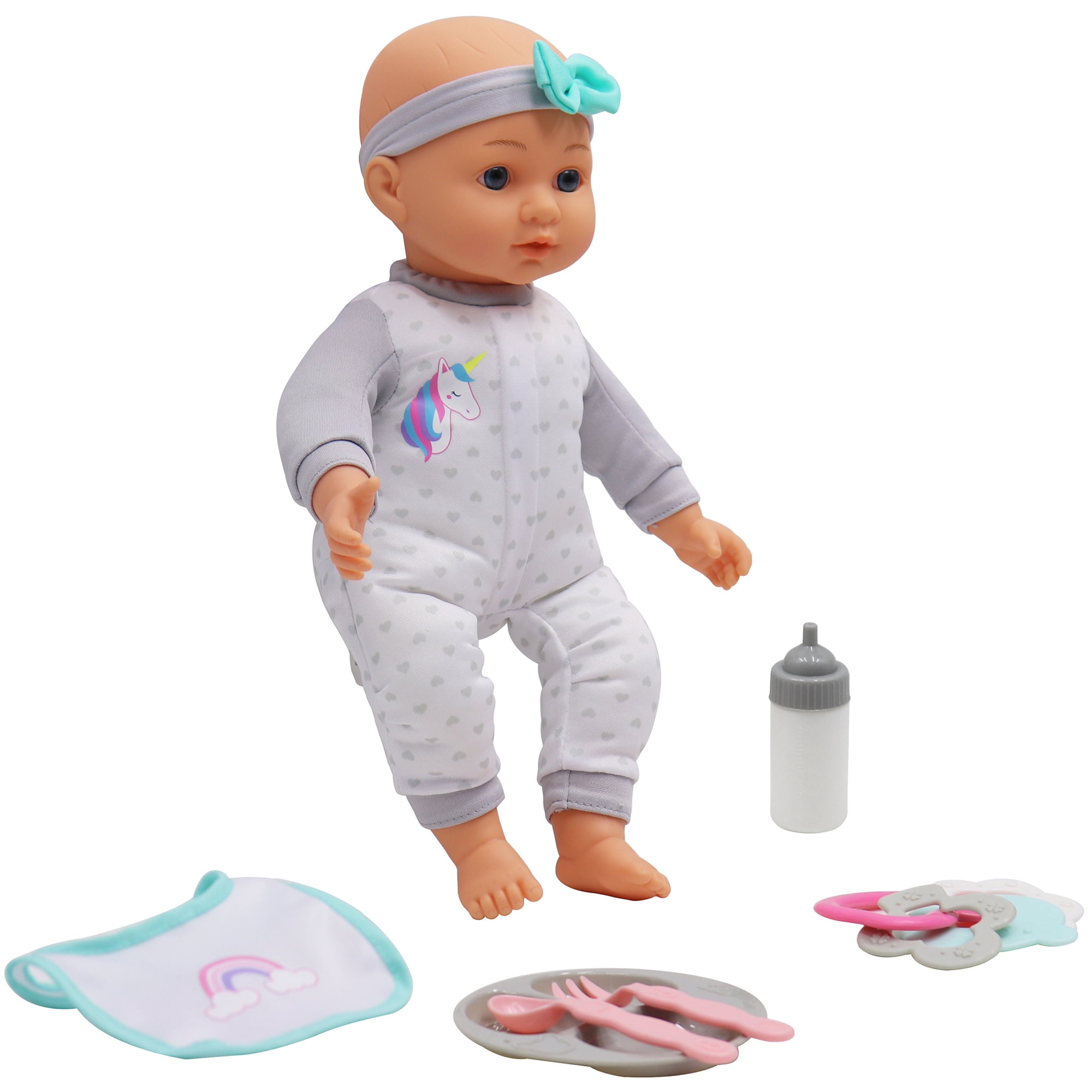 Dream Collection: 14" Baby Doll Feeding Playset - Gray Heart & Unicorn Onesie, Rainbow & Blue Bib, Bottle-Bowl-Rattle Toy Accessories, Kid-Toddlers 2+