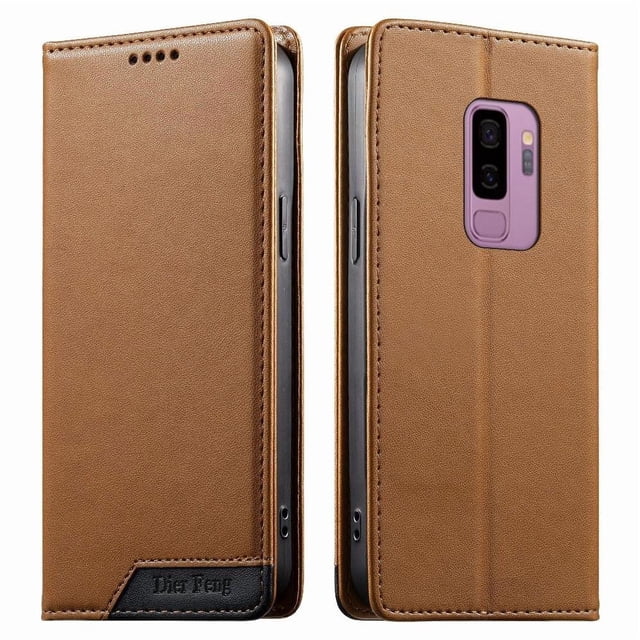 Funda Tipo Cartera de Cuero Sintético para Samsung Galaxy S9 Plus Bloqueo RFID, con Ranuras para Tarjetas y Bolsillo para Efectivo, Cierre Magnético Fuerte Marrón