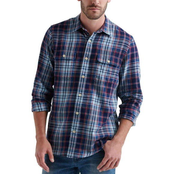 Lucky Brand Men’s Two-Pocket Workwear Plaid Shirt (Blue Plaid, Small)