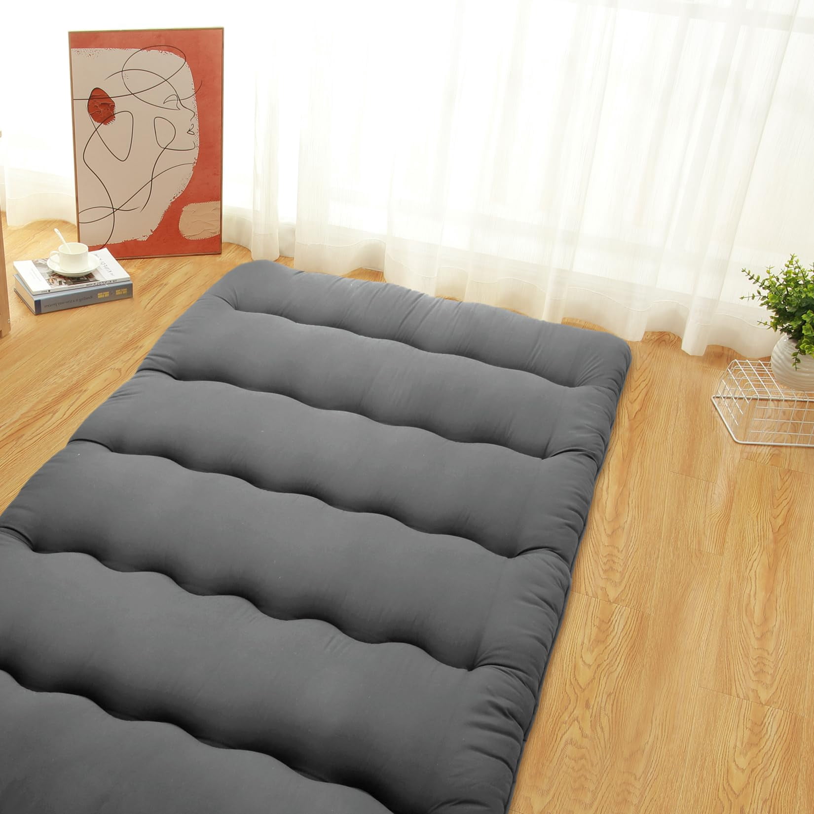 3'' Thick Japanese Floor Futon Mattress – Collapsible Tatami Mat for Camping, Dorm, Sofa, Yoga, Meditation – Portable Roll-Up Sleeping Pad, Comfortable Twin/Full Size Floor Couch Bed