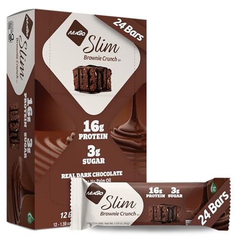 Nugo Slim Brownie crujiente de chocolate oscuro, 16 g de proteína, 2 g de azúcar, 7 g de fibra, bajo en carbohidratos netos, apto para ceto, sin gluten, 24 unidades