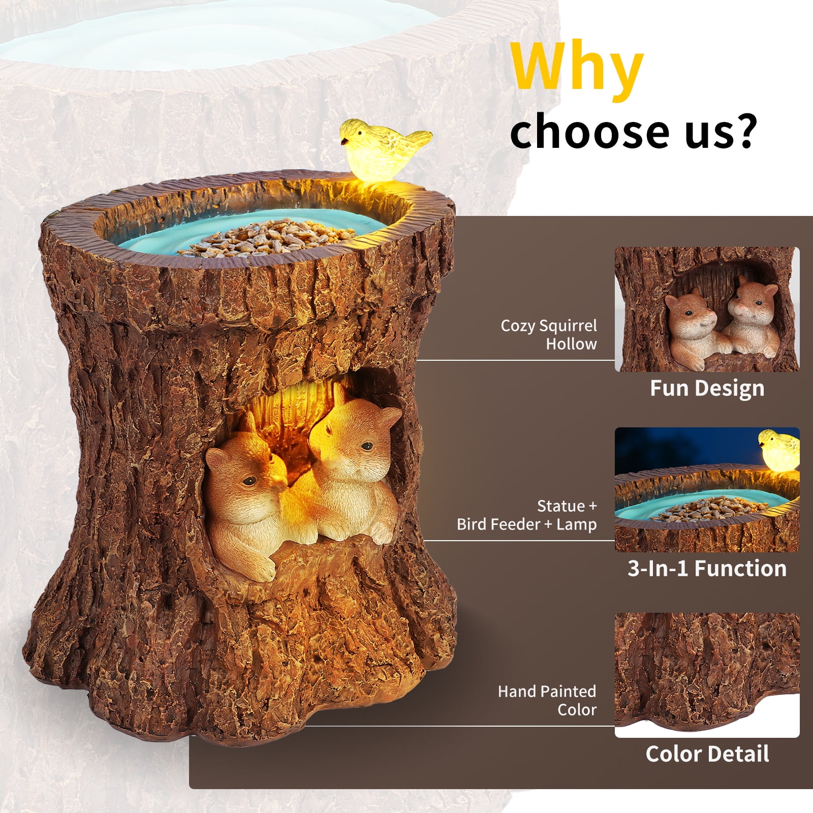 DAK Resin Solar Squirrel Garden Statue with Bird Feeder, LED Lighted Tree Stump Decor,  Waterproof  UV Resistance