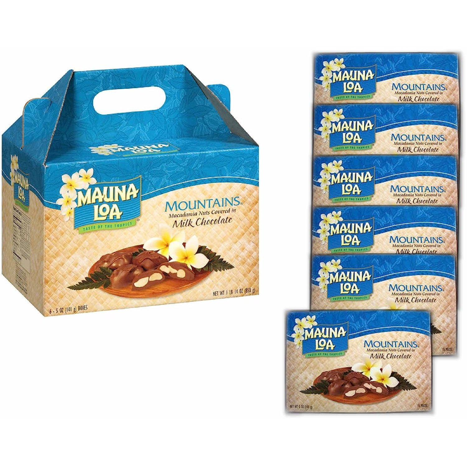 Bilot Mountains, Chocolate Covered Macadamia Nuts in Milk Chocolate (6 Individually Wrapped Boxes in Carrying CASE)