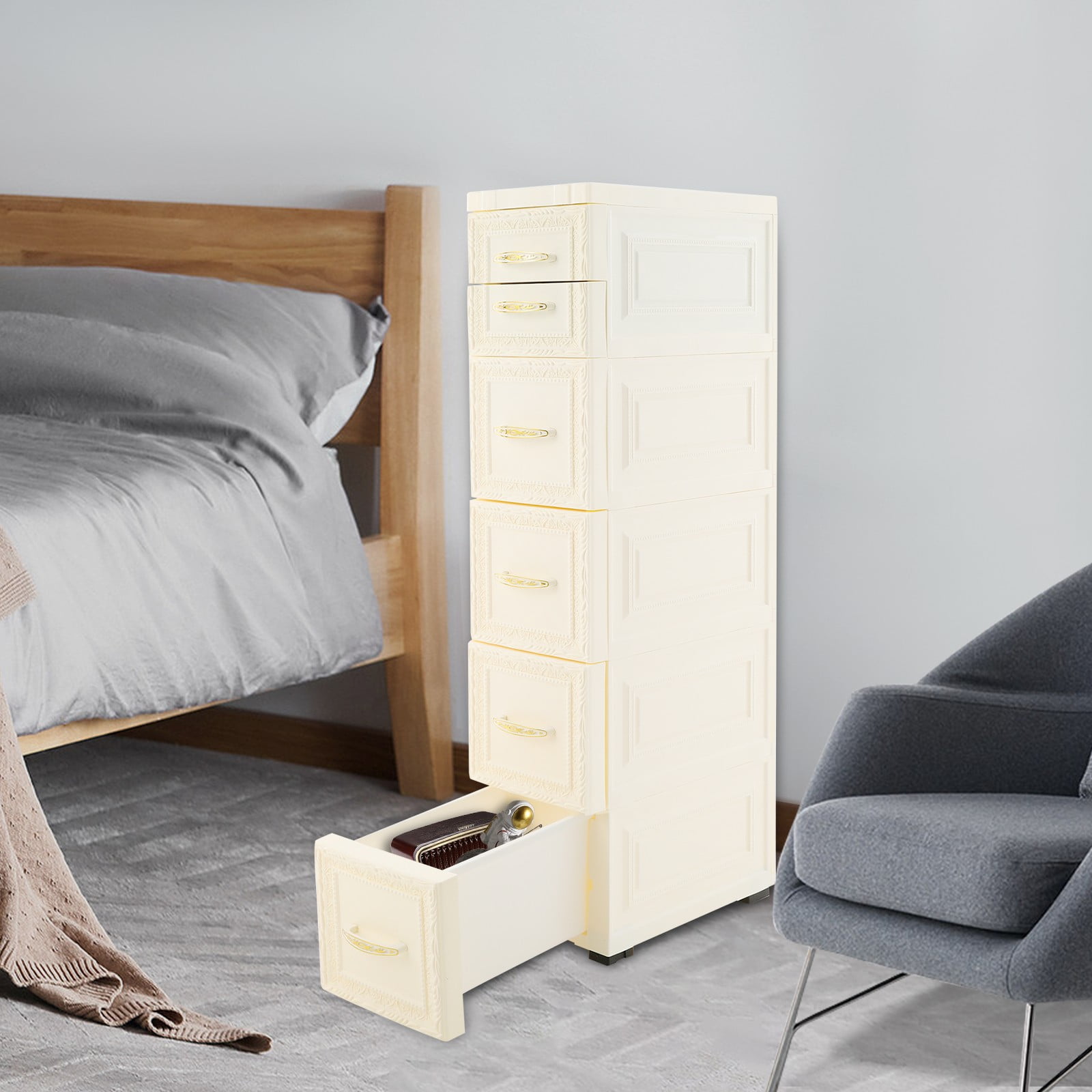 5 Tiers White PP Narrow Storage Organizer 6 Drawers Slim Bathroom Storage Cabinet for Bedroom, Bathroom