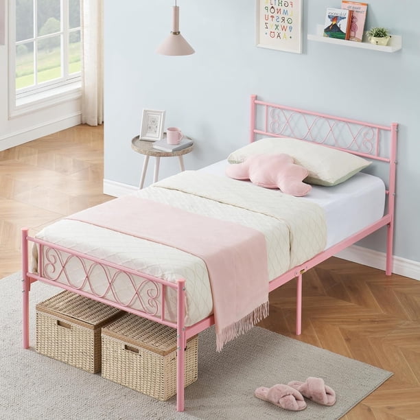 Rosa tamaño individual-size metal marco de cama con heart-shaped cabecero y footboard 12.2in underbed almacenamiento