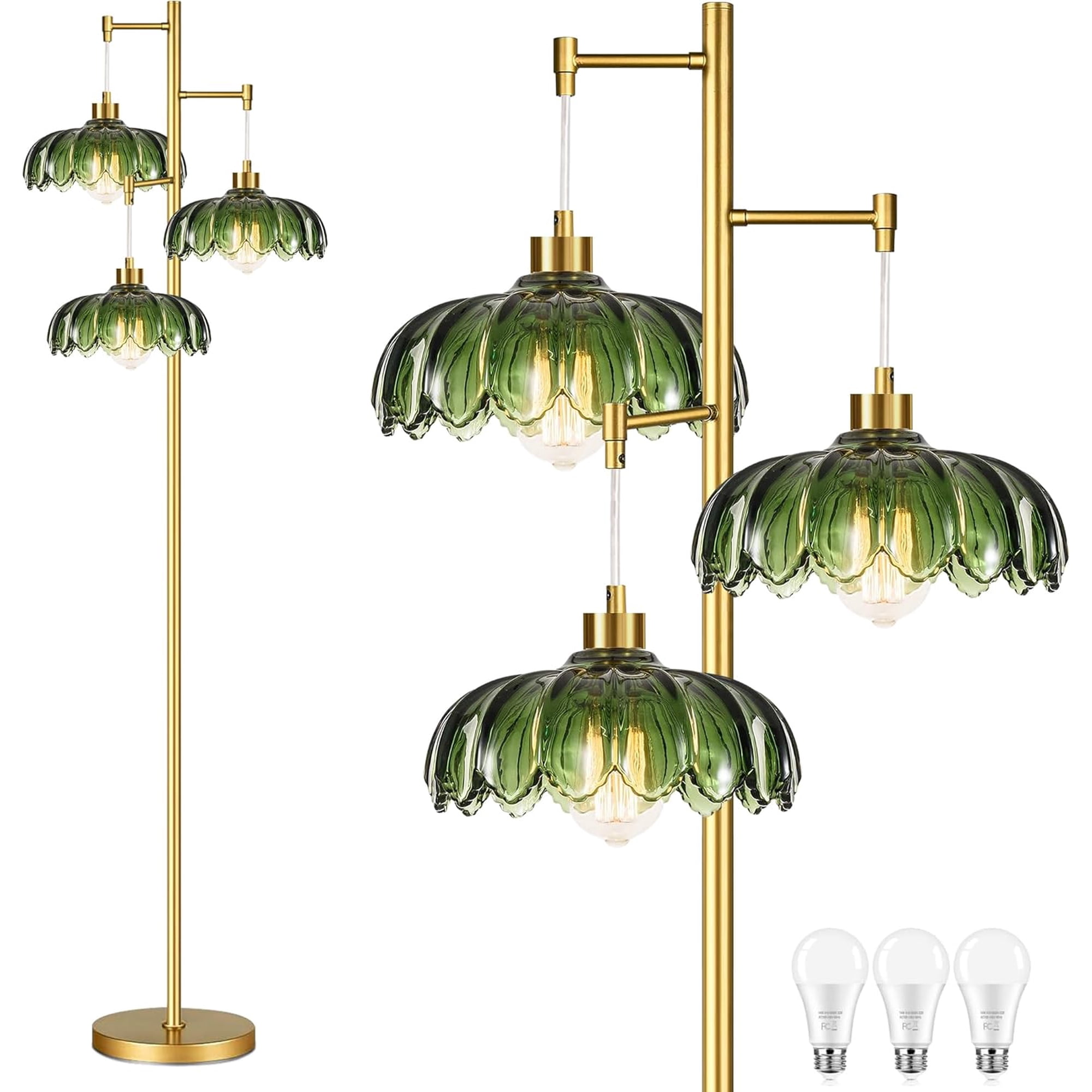 Glass Floor Lamp for Living Room Bedroom Mid Century Modern Standing Lamp Brass Tree 3 Light Tall Floor Lamps Vintage Retro Floor Lights Gold Green Flower Lamp Shade Farmhouse Boho Bohemian