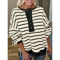 thumbnail image 6 of PRETTYGARDEN Womens Fall Striped Oversized Sweatshirt Long Sleeve Button Up Henley Neck Waffle Knit Pullover Tunic Tops, 6 of 7