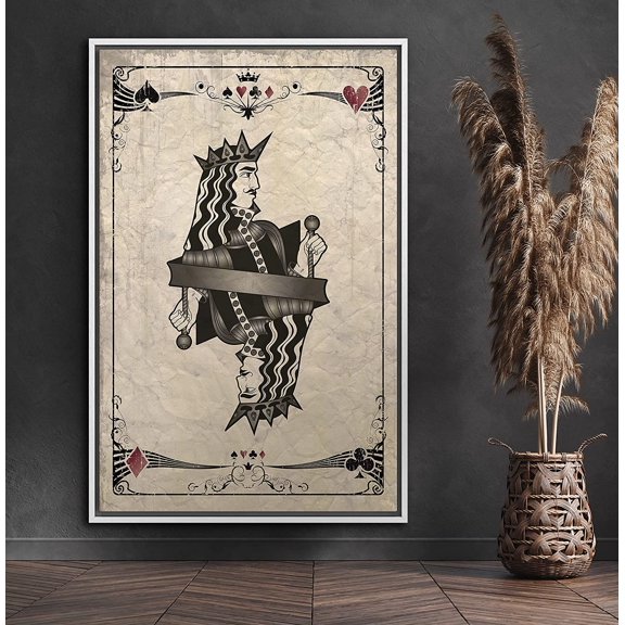 PixonSign Framed Canvas Print Wall Art Black & White King in Deck of Cards Pop Culture Toys Wood Panels Modern Art Modern Fun Multicolor Warm for Living Room, Bedroom, Office - 24"x36" White