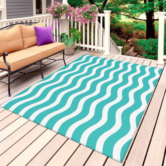 Teal Aqua Moire Ombre Outdoor Rug 4x6 Ft, Non Slip Washable Area Rug, Water Ripple Stripe Farmhouse Patio Rugs Carpet Runner, Large Floor Mat for Indoor/Outdoor Deck Porch Camping