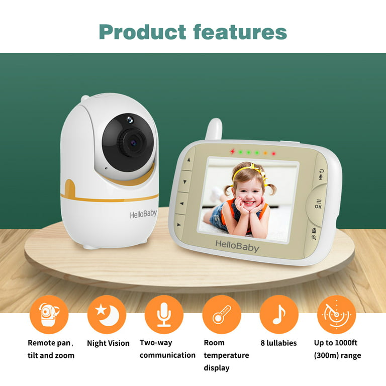 Baby Monitor HelloBaby 3.2 Video Baby Monitor with Remote Pan-Tilt-Zoom  Camera, Night Vision, 2-Way Talk, HB65gld 