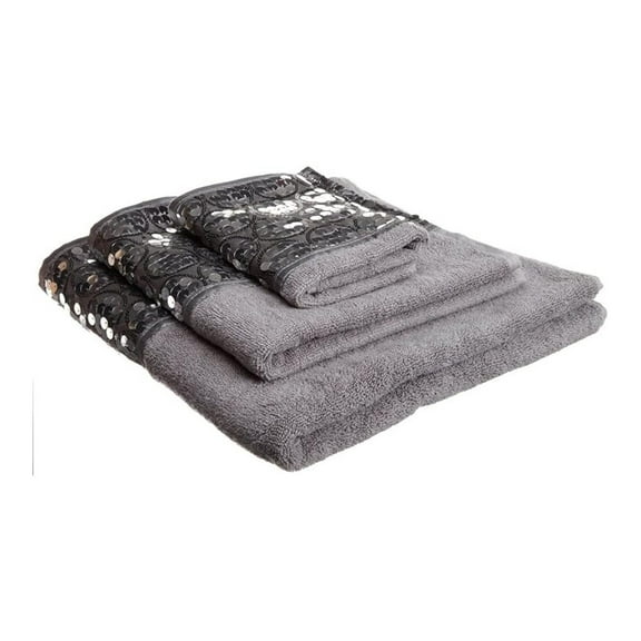 Sinatra 3-Piece Towel Set - Bath, Hand & Wash Towels - Silver Sequin Design - Soft, Plush, Absorbent - Modern Bathroom Decor