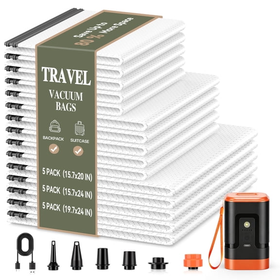 TINANA 15 Pack Travel Vacuum Storage Bags with Rechargeable Electric Pump, 3 Sizes, Space Saver Bags for Suitcases