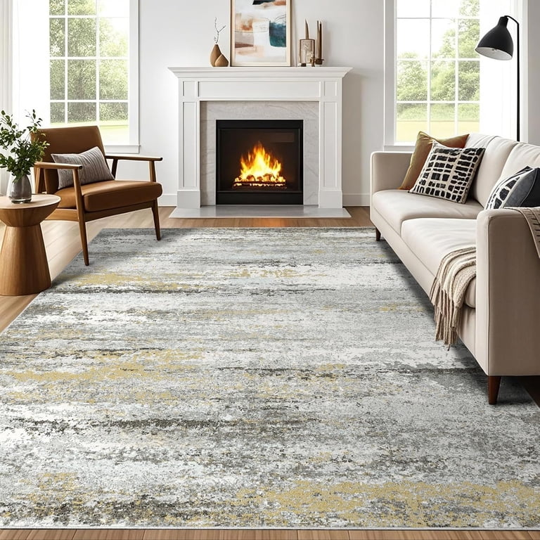 Lemonrug Modern Abstract Area Rug - 5x7, Low Pile, Machine Washable, Non-Slip Backing, Blue Gold