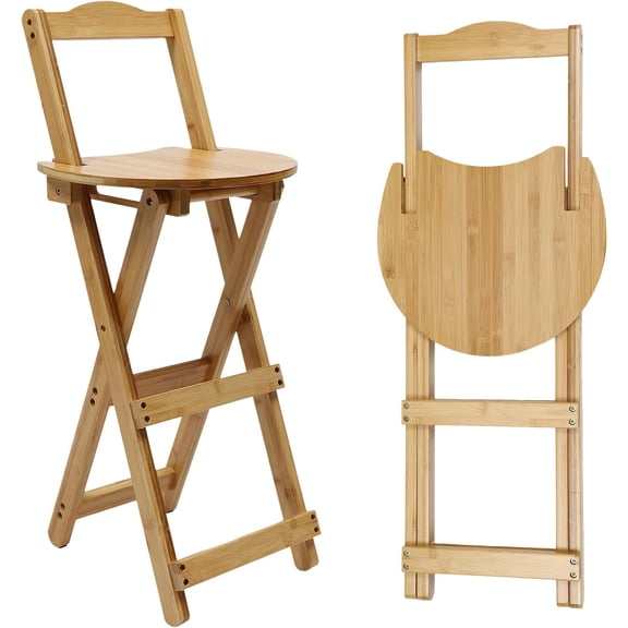DouSeiAi Folding Bamboo Bar Stool, Counter Height Folding Chairs with Backrest and Footrest, Bar Chairs for Home Kitchen Island Breakfast, No Assembly