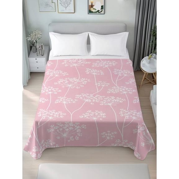Queen Size Flat Sheet Only,Country Flowers Dandelion Soft Top Bed Sheets Breathable Bedding Sheet Pink Background Microfiber Hotel Luxury Top Sheets
