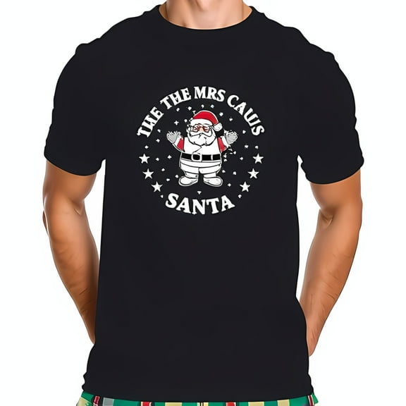 Funny Mrs Claus Santa Graphic T-Shirt - Black Cotton Short Sleeve Tee with Cartoon Santa & Stars Design
