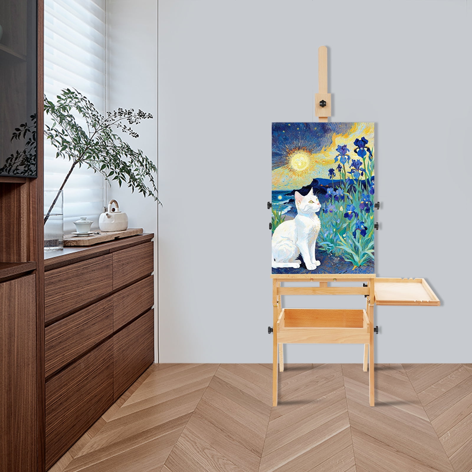 Foldable Beech Wood Easel Stand with Storage, Adjustable Height 59-72.4 inch Painting Holder for Canvas, Wood Color Art Studio Easel for Adults & Students
