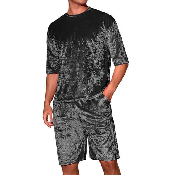 INSPIRE CHIC Men's Summer Short Sleeve Party T-Shirt & Shorts Velour Set M Black