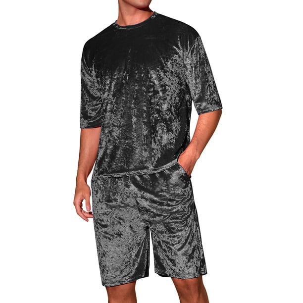 INSPIRAR CHIC Conjunto de camiseta de manga corta y pantalones cortos de verano para hombres en terciopelo M Negro