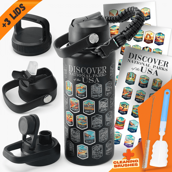 Easymora Insulated Stainless Steel Water Bottle, 32 oz, with 3 Lids (Straw, Spout, Chug), Handle Strap & 63 National Parks Stickers, Keeps Drinks Cold for Hiking & Camping