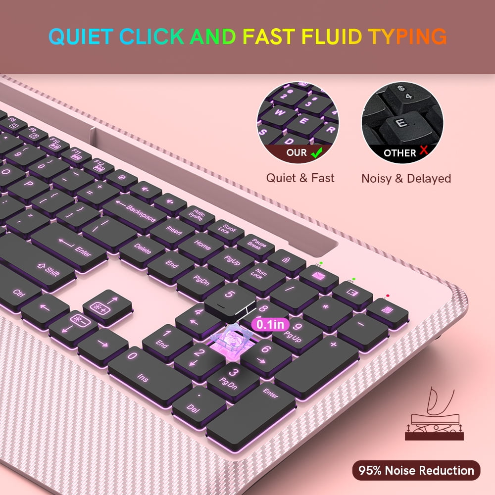 Wagpak Wireless Keyboard with 7 Colored Backlits, 102-Count and Wrist Rest (Rose gold)