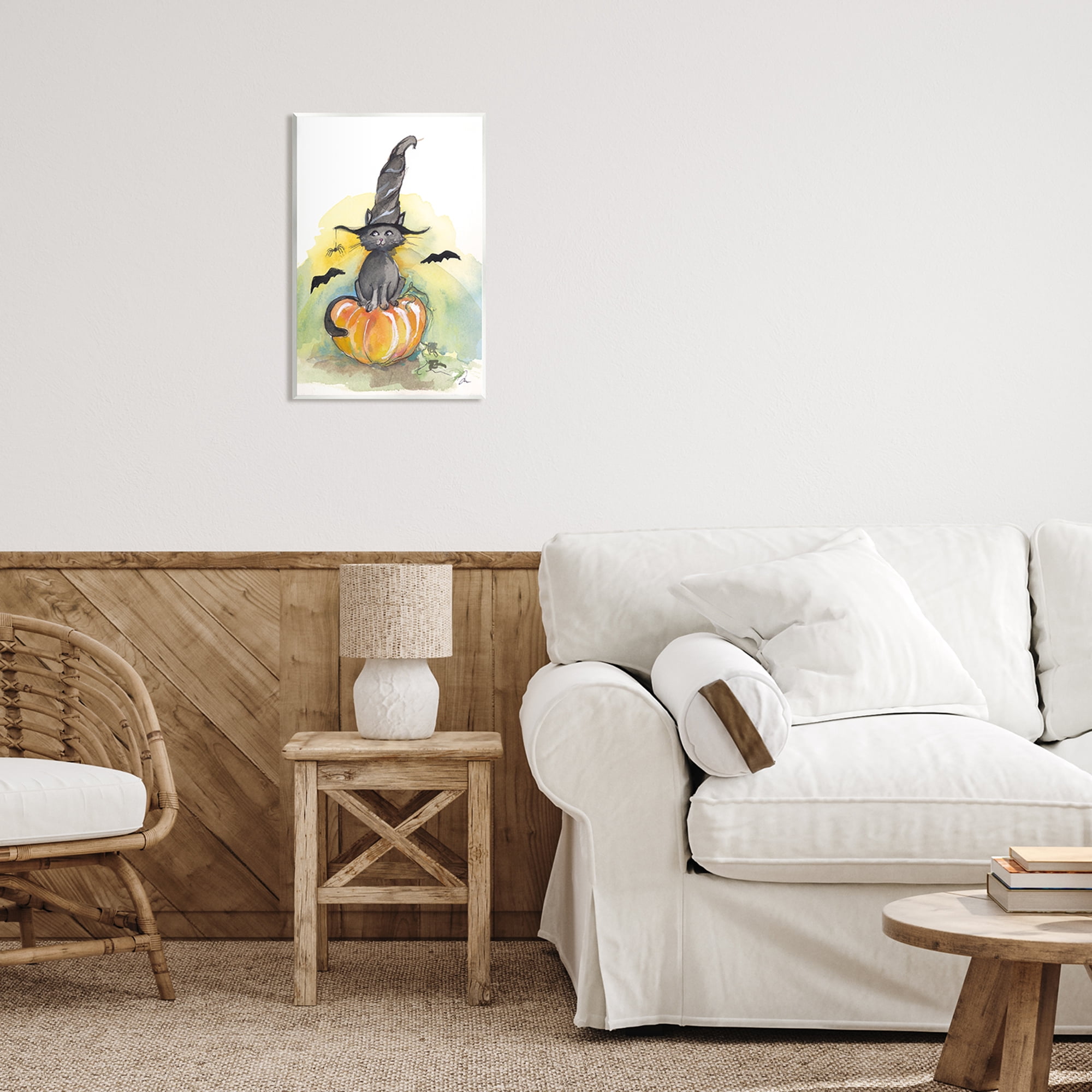 Stupell Industries Witch Cat on Pumpkin Holiday Painting Unframed Art Print Wall Art, 13 x 19