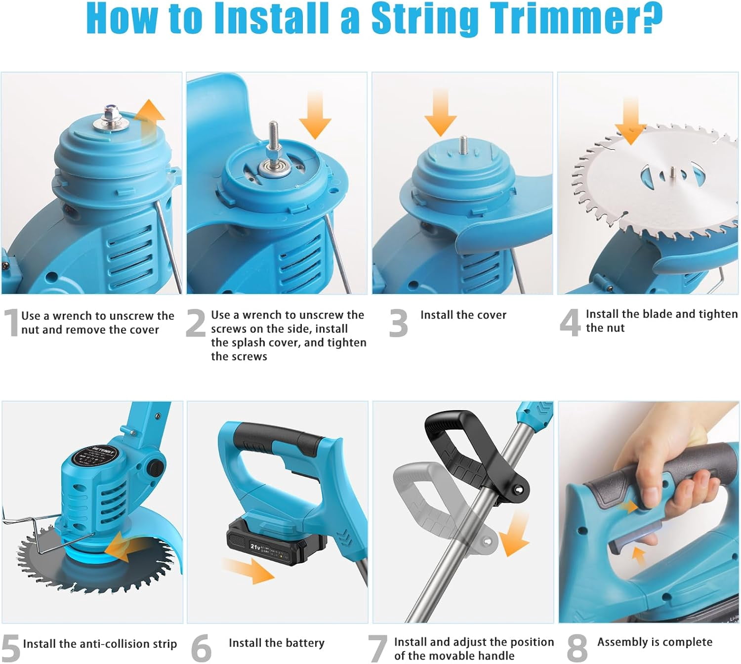 Weed Wacker Cordless String Trimmer 21V with 2 Batteries Metal Blades Adjustable Pole for Garden Yard Lawn