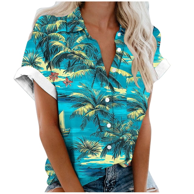 Pantalones Cortos para las Mujeres Impresión Sexy Cómodo Bolsillo de Manga Corta, Botón Top Blusa Camiseta