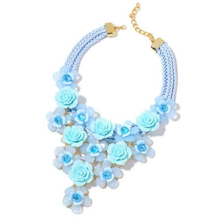 Blue Glass Necklace - Blue Chunky Chain Choker Bib Flower Statement Pendant Necklace for Women Chroma Glass Goldtone Jewelry Gift 18-20