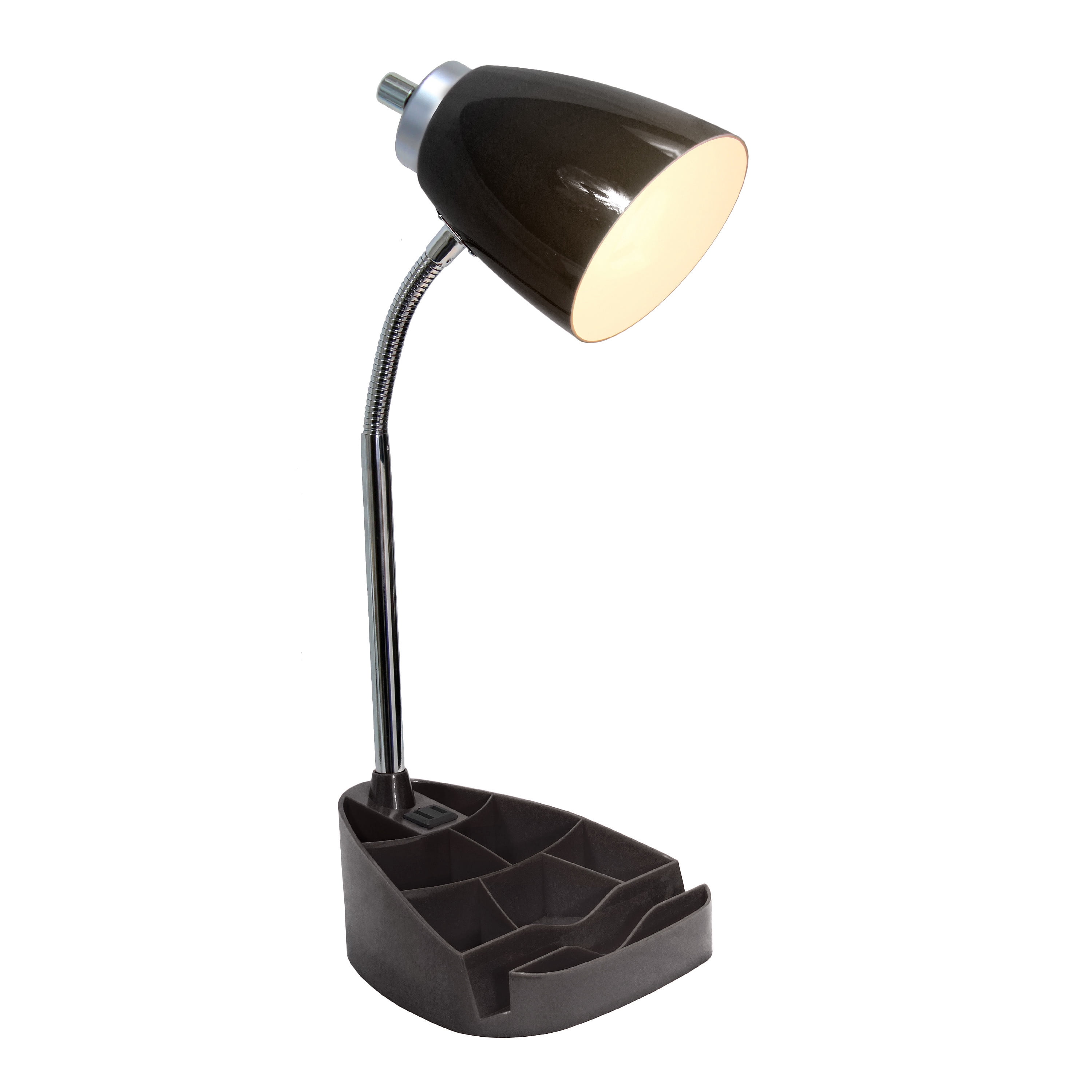 Simple Designs 18.5" Gooseneck Organizer Desk Lamp with iPad Tablet Stand Book Holder and Charging Outlet, with LED Bulb, Black