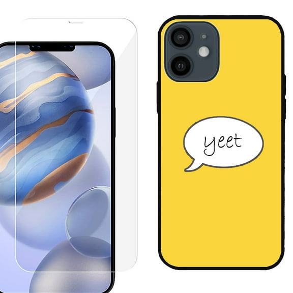 Slim-Fit Protective Phone Case (Black) compatible with iPhone 12 / iPhone 12 Pro, with Tempered Glass Screen Protector, by OneToughShield ® - Yeet