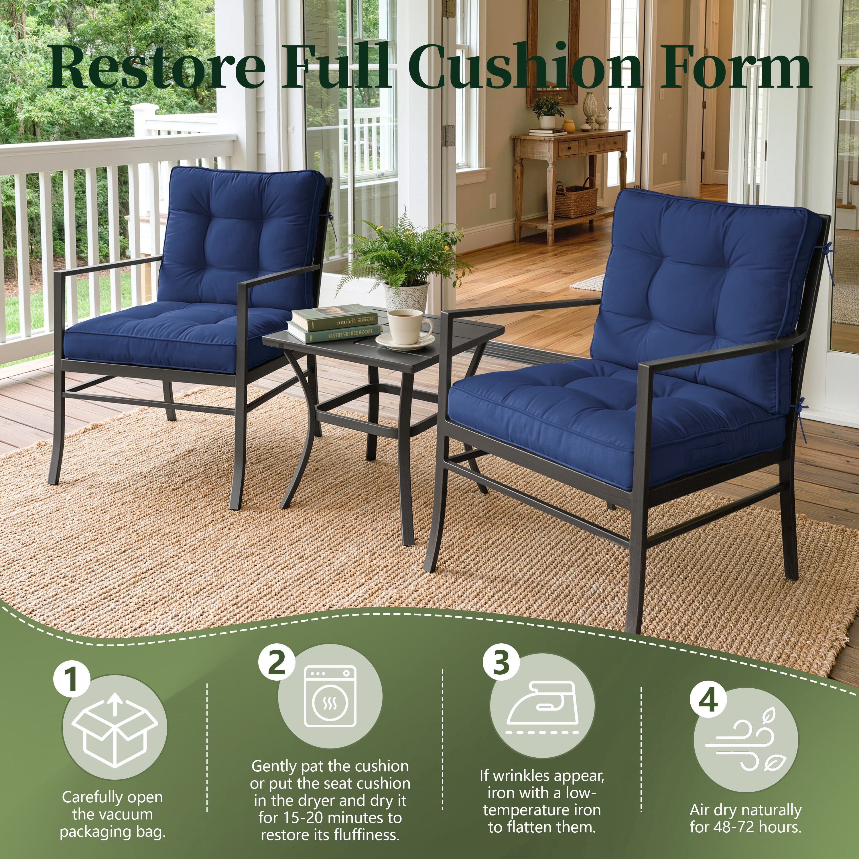 Pakunoda Chairs Cushions 42" X 21" Tufted Non Slip Pad Seat and Seatback 4 Set Cushion with Ties for Patio Outdoor & Indoor Rocking Chair, Blue