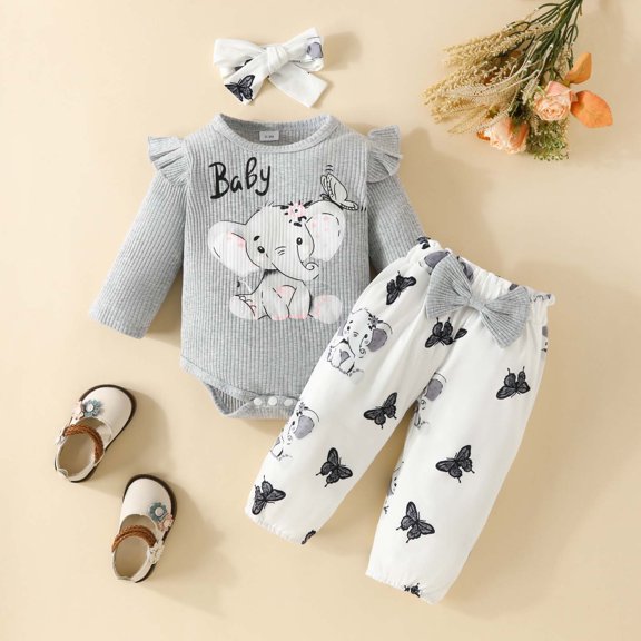 HAYIMI Kids Baby Girls Long Sleeve Ribbed Elephant Print Romper Pants Headband Outfit Sets Soft Comfortable Playwear Cozy Child O-Neck Clothes Sets