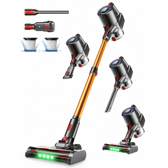 Cordless Vacuum Cleaner, 35KPa Powerful Suction Stick Vacuum, Up to 34 Mins Runtime Lightweight Vacuum with Green LED Headlights, Self-Standing Handheld Vacuum for Hard Floor Carpet