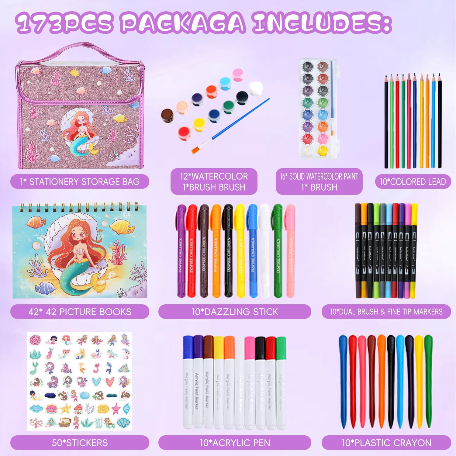 Aijohnny Mermaid Art Set,Washable Scented Markers Kit with Stickers,Glitter Pencil Case,Glitter Pens & Crayons,Birthday Gifts for 3-5 8-12 Year Old