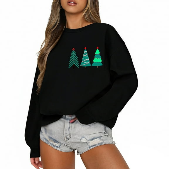 December 25 Sweatshirt Christmas Tree Pattern Sequined Sweatshirt Vintage Xmas Oversized Tops Fall Winter Clothes, Comfortable and Festive Wear for Women,Black,2XL