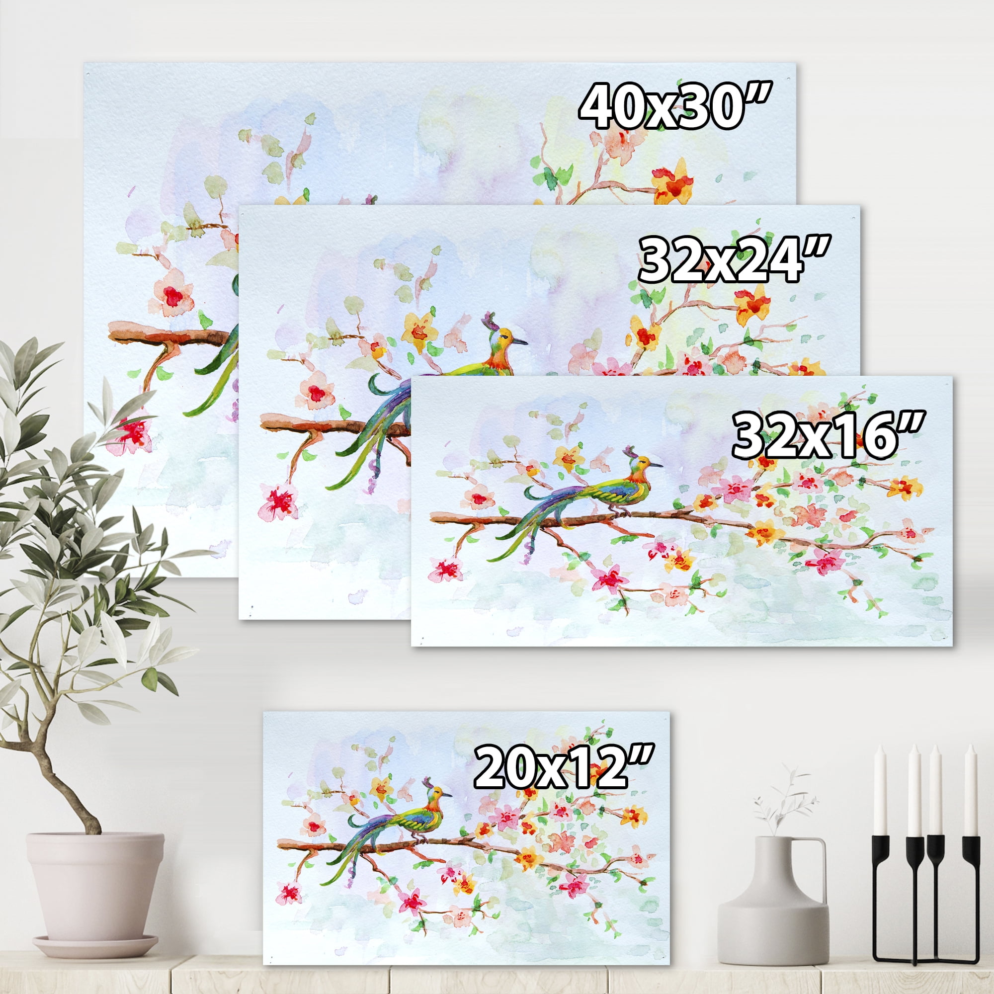 Designart ' Little Bird Sitting On Blooming Branch ' Traditional Canvas Wall Art Print