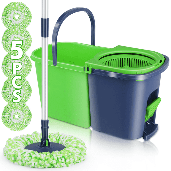 MYSPRI Spin Mop System Effortless Deep Cleaning with Foot-Operated Wringer 3 Washable Pads
