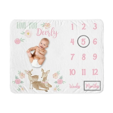 Sweet Jojo Designs Deer Floral Pink Mint and White Fleece Milestone Baby Blanket 3 Piece Set