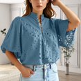 thumbnail image 2 of MIXUE Women Blouses Summer Denim Solid Color Lace Hollow Out V Neck Short Sleeve Stylish Casual Womens Tops Sportswear,Black,XXL, 2 of 5