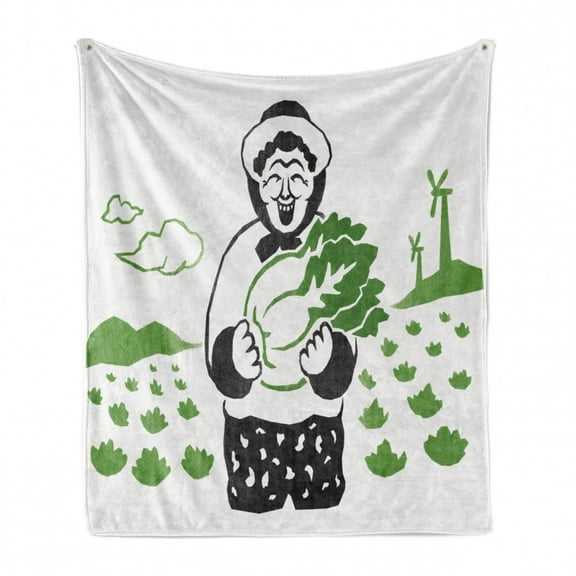 Farm Soft Flannel Fleece Throw Blanket, Gardener Smiling Holding Chinese Cabbage Plantation in a Greenfield, Cozy Plush for Indoor and Outdoor Use, 50" x 70", Fern Green Dark Grey, by Ambesonne